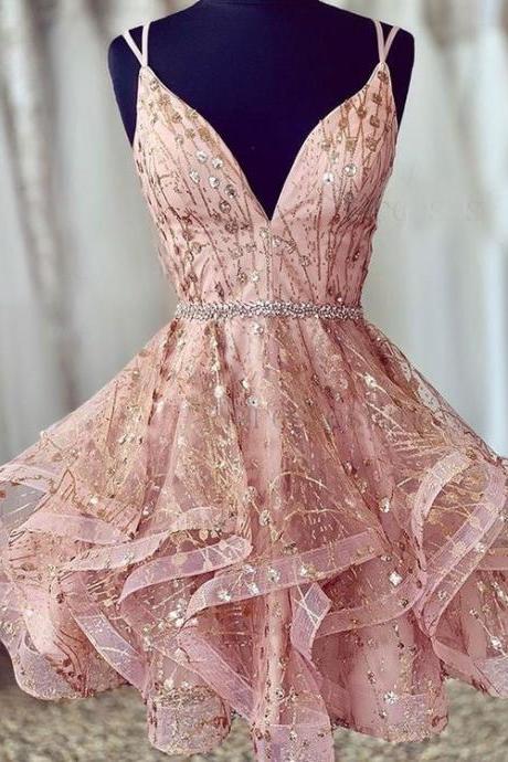 Pink Straps Short Homecoming Dresses Prom Gown Waist With Beaded M3887