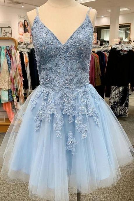 A Line V Neck Blue Lace Appliques Short Homecoming Dresses M3890