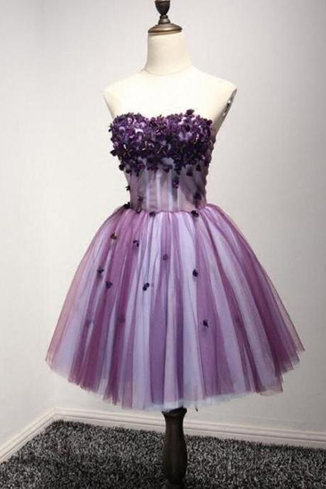Purple Strapless Lace Homecoming Prom Dresses, Homecoming Dresses M3892