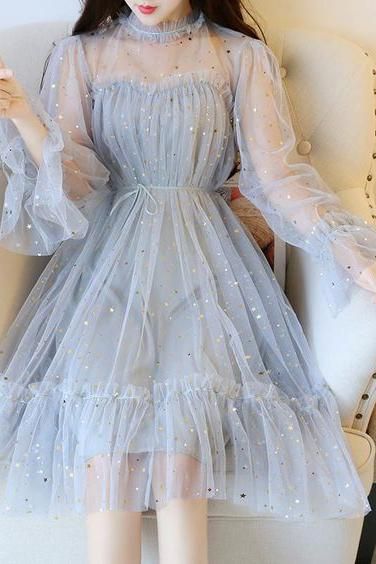 Blue Sparkly Star Long Sleeves Tulle Homecoming Dresses, Charming Short Prom Dress M3920