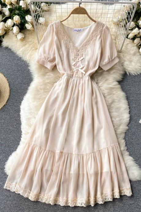 Sweet Lace V-neck Slim Mid-length French Gentle Chiffon Dress