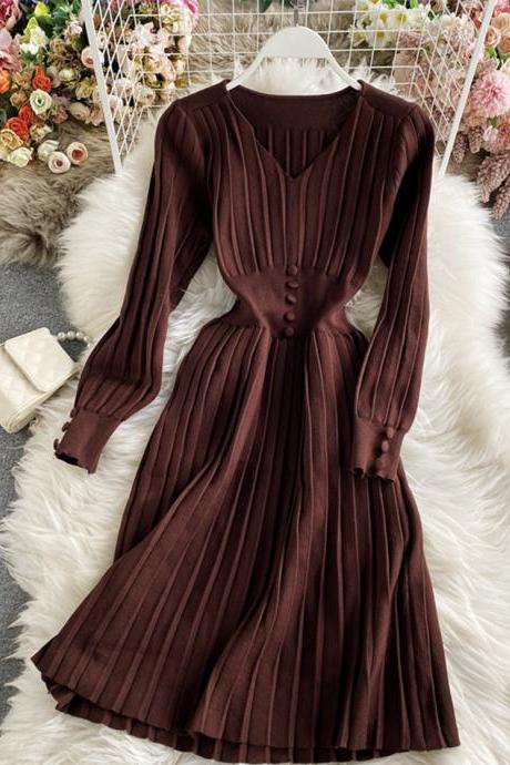 Simple V Neck Knitted Dress Sweater Dress