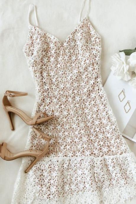 White And Nude Lace Ruffled Mini Dress M3954