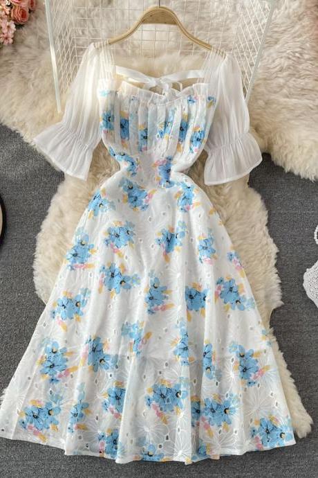 Cute Floral Dress With Puffy Short Sleeves Summer Dress