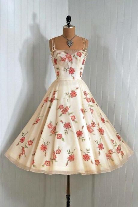 Vintage Floral A-line Tea-length Evening Dress With Sweetheart Neckline M3987