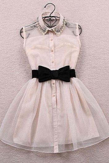 Adorable Front Bow Belted Sleeveless White Dress