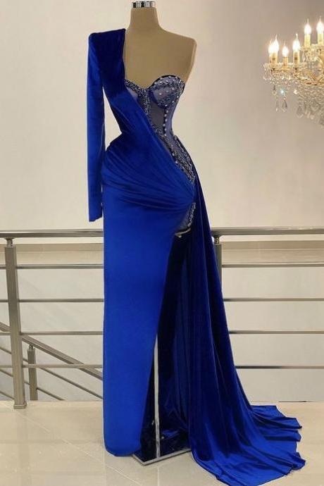 Velvet Royal Blue Hand Made Corset Long Prom Dress, Long Sleeves Formal Dress M4021