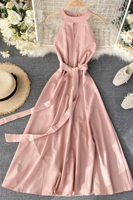 Pink A Line Chiffon Halter Dress Summer Dress