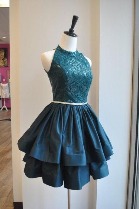 Halter Neck Homecoming Dress With Lace M4023