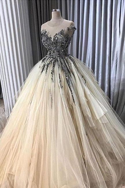 Champagne Tulle Long Prom Dress, Ball Gown M4027