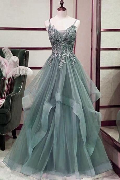 Green Lace Appliques Layers Tulle Long Formal Dress, Straps A-line Prom Dress M4028
