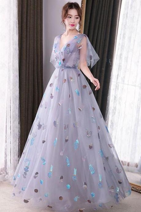 Blue Deep V-neck Backless Prom Dress M4046
