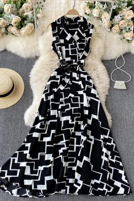 Stylish A Line Black Geometric Dress