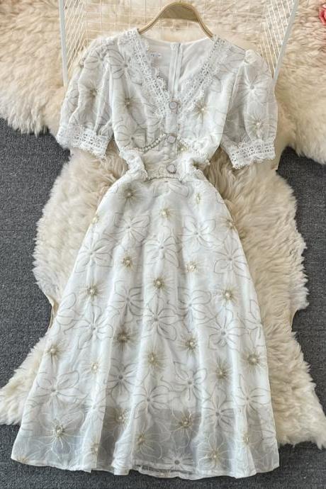 Cute Puff Sleeves V-neck Embroidery White Summer Lace Dress