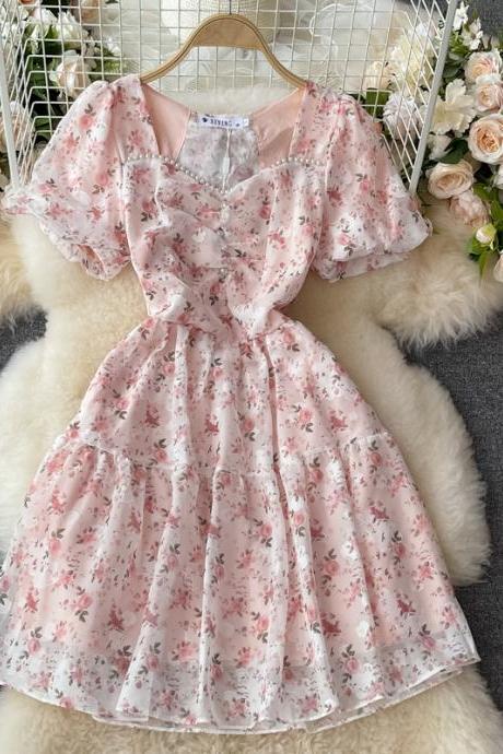 Sweet Square Neckline Short Summer Floral Dress