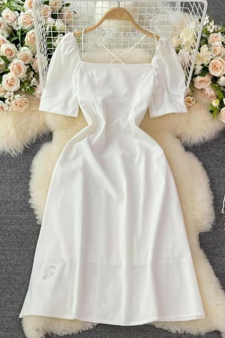 Sweet square neckline short summer white dress