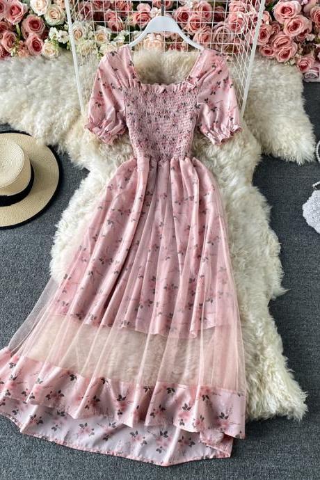 Sweet A Line Square Neckline Floral Pink Dress