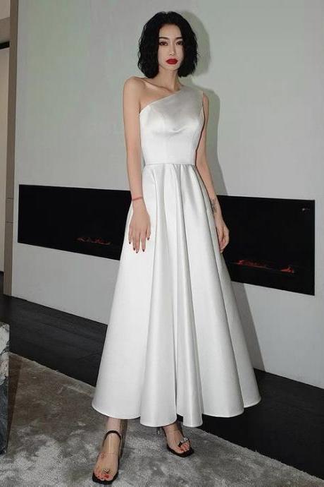 White One Shoulder Satin Long Prom Dress