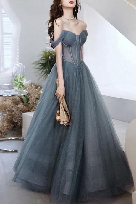 A-line Sweetheart Neck Gray Blue Tulle Long Prom Dress Blue Evening Dress