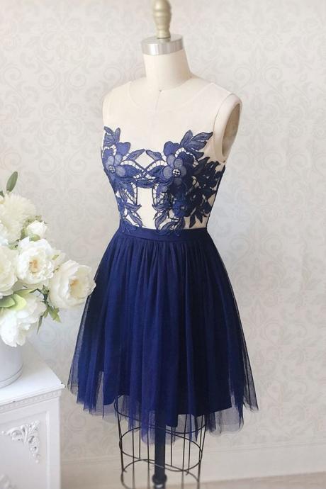 Dark Blue Tulle Lace Applique Short Prom Dress, Homecoming Dress