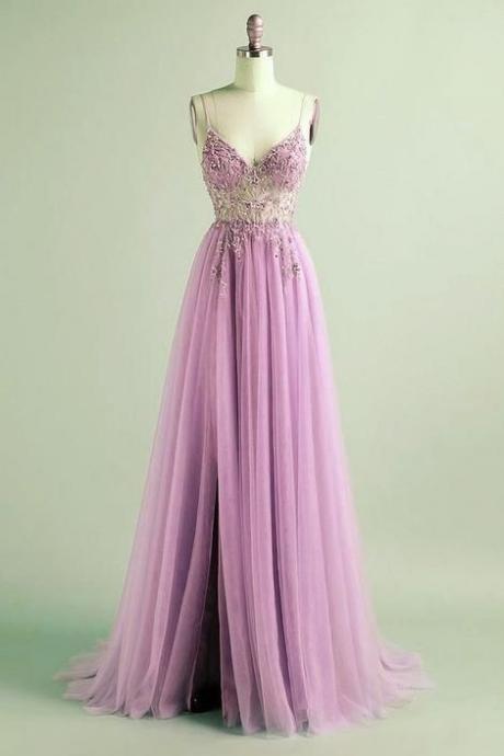 Lilac Beaded Prom Dresses 2021 Long Tulle Split Formal Gowns