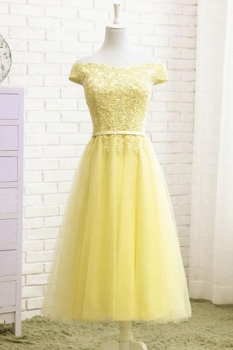 Lovely Light Yellow Tulle Off Shoulder Bridesmaid Dress With Lace, Tulle Prom Dress