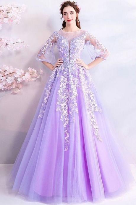 Purple Flowers Long Tulle Prom Dress With Sheer Sleeves