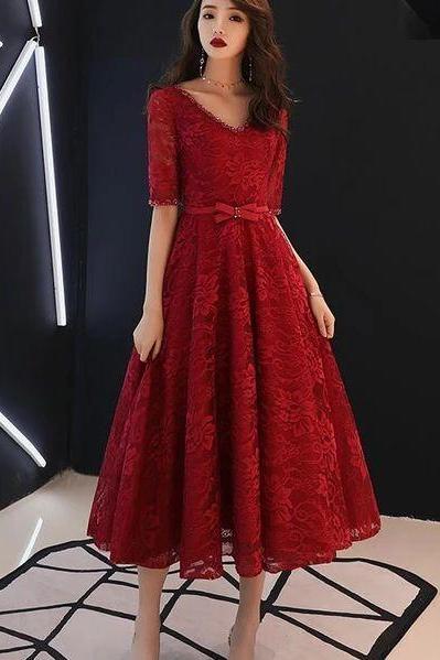 Beautiful Wine Red V-neckline Tea Length Party Dress