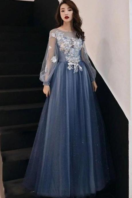 Blue Long Sleeves Floral Tulle A-line Style Party Dress