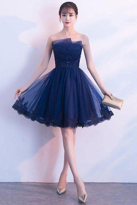 Cute Dark Blue Tulle Lace Short Prom Dress, Homecoming Dress