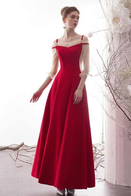 Red Satin Straps Long Sleeve Long Formal Prom Dress