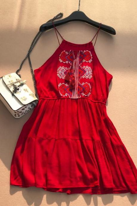 Cute A line National embroidered vest dress