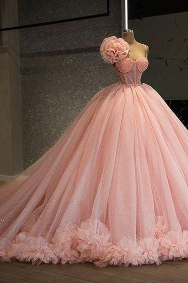Pink Tulle Long Prom Dress, Tulle Evening Dress