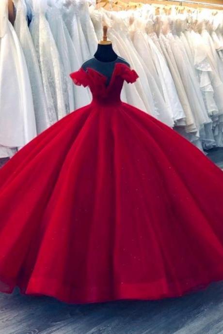 Bright Red Off The Shoulder Full Tulle Wedding Ball Gown Dress Prom Dress