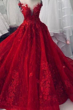 Sexy Red Sparkling Wedding Ball Gown Dress Chapel Train With Floral Lace Applique And Beads
