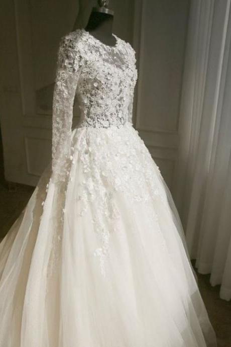 Real Samples Long Sleeves Muslim Wedding Dress,lace Applique Flowers Wedding Dress ,wedding Gown,a-line Crystal Wedding Dress,bride Dresses