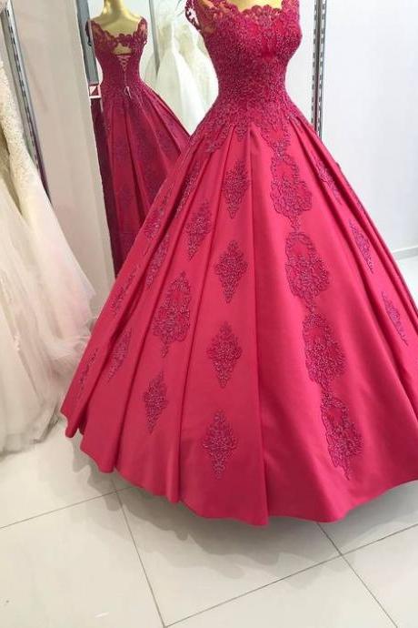Sexy Prom Dresses Gowns Floor Length Scoop Collar Lace Appliques Ball Gown Satin Red Evening Dresses Arabic Lace Up Back Party Formal Gowns