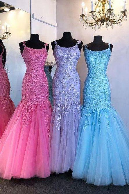Mermaid Tulle Long Prom Dress With Appliques And Beading,prom Dresses