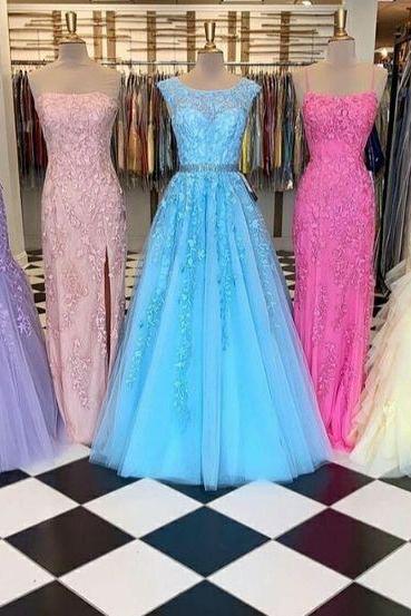 Tulle Long Prom Dress With Appliques And Beading,prom Dresses