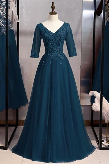 Elegant Prom Dress Evening Dress Long Teal Tulle Lace Prom Dresses