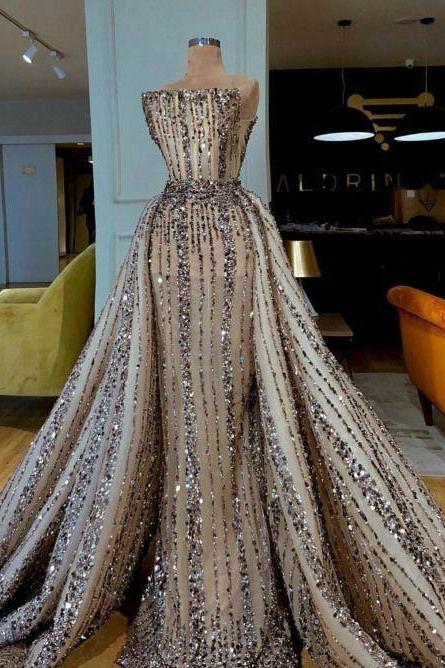 Luxury Crystals Beaded Evening Dresses Couture Islamic Dubai Arabic Party Gowns
