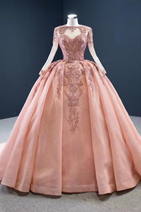 Pink Ball Gown Organza Beading Long Sleeve Prom Dress
