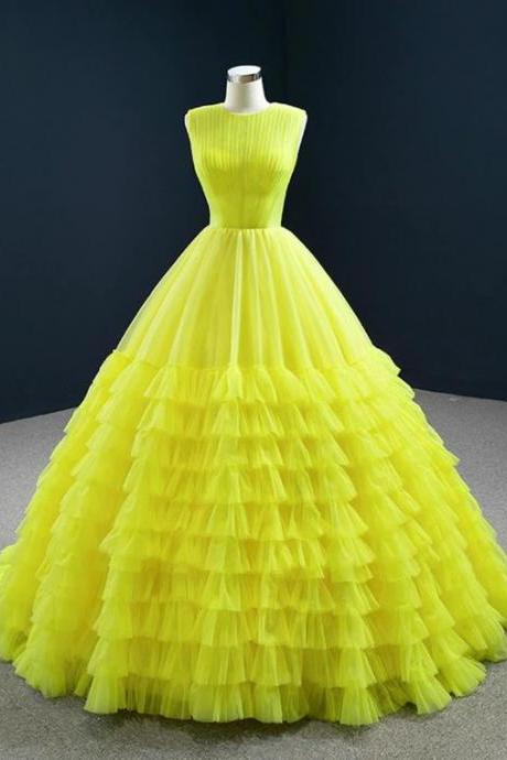 Yellow Ball Gown Tulle Pleata Tiers Floor Length Prom Dress