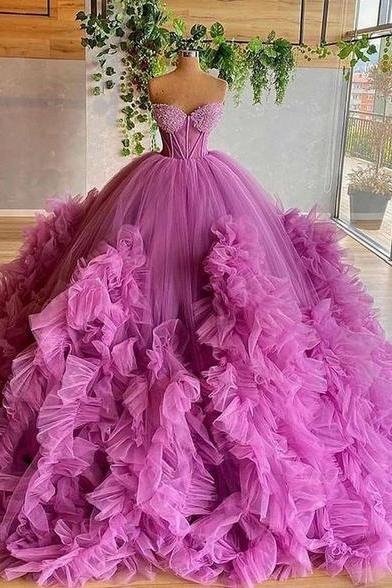 Sweetheart Purple Beading Bodice Tulle Ruffle Pleated Ball Gown Evening Dress Prom Gown