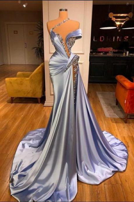 Blue Beaded Evening Dresses 2021 Crystals Mermaid Modest Luxury Elegant Sexy Formal Evening Gown