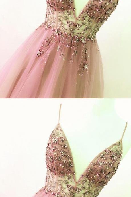 Beautiful Mauve Pink Prom Gowns Tulle Floor Length Beaded V Neck Formal Gown For Evening Party