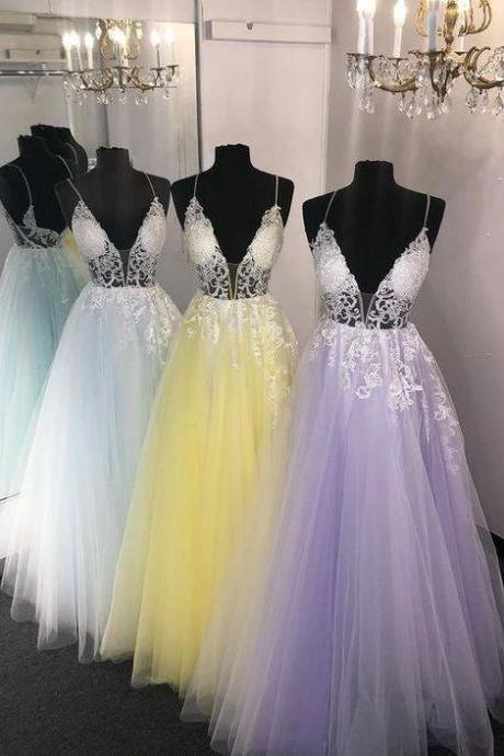 Tulle Long Prom Dress With Appliques,pageant Dance Dresses,graduation School Party Gown