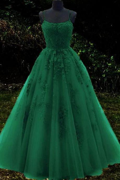 Emerald Green Ball Gown Prom Dresses Lace Embroidery Spaghetti Straps Princess Dress For Sweet 16