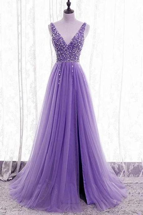 Purple Beaded V-neckline Tulle Sparkle Party Dress Evening Dress, Purple Tulle Prom Dress