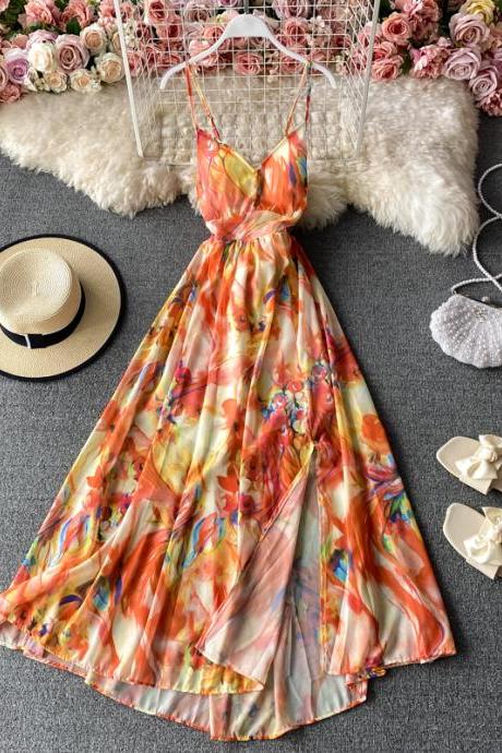 Floral Backless Dress, Beach Dress, Seaside Holiday Long Dress